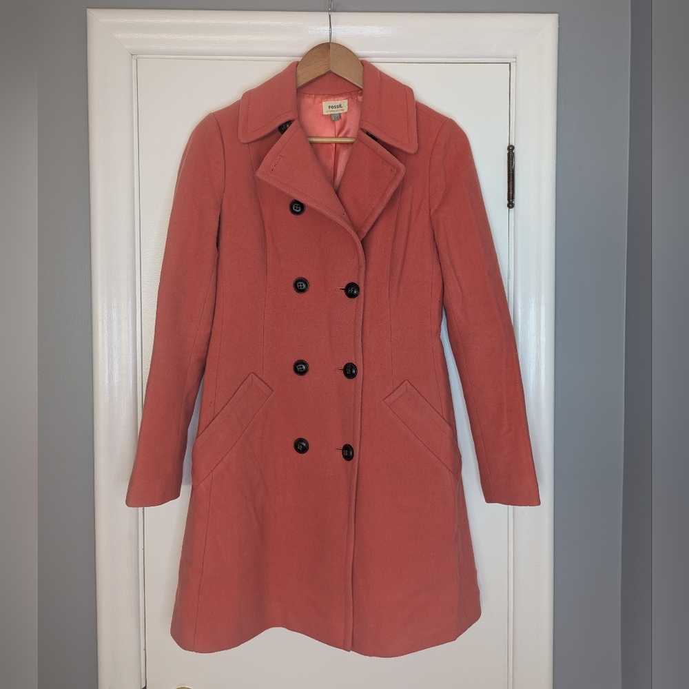 Fossil Coral Double-Breasted Coral Wool Pea Coat - Extra Small